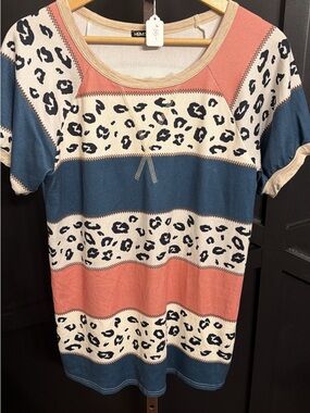 Coral, Blue and Cream Leopard Stripe Knit Tee